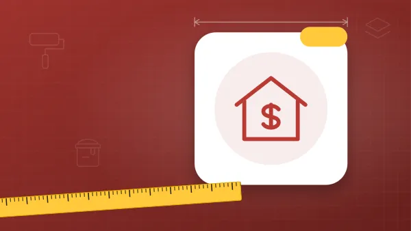 Illustration of a house with a dollar sign on a painting blueprint background with a measuring tape