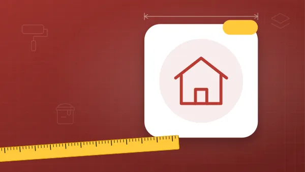 Illustration of a house on a painting blueprint background with a measuring tape