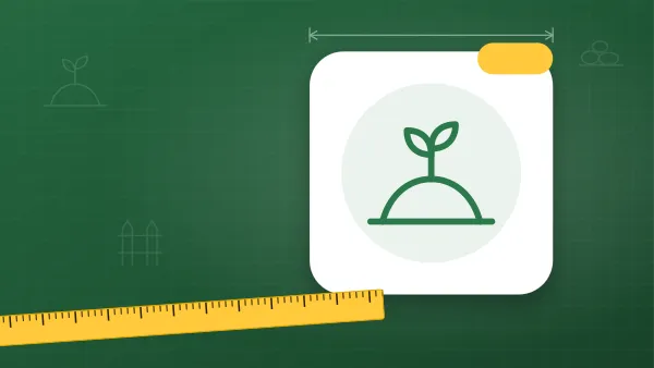 Illustration of a seedling in a mound of mulch on a outdoor & yard blueprint background with a measuring tape